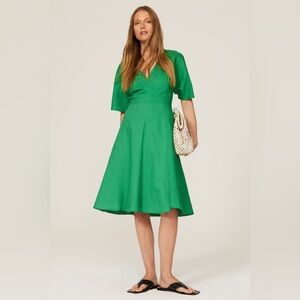 TOME Green Linen Cotton Blend Dress‎ V-Neck A-Line Knee Length size 4